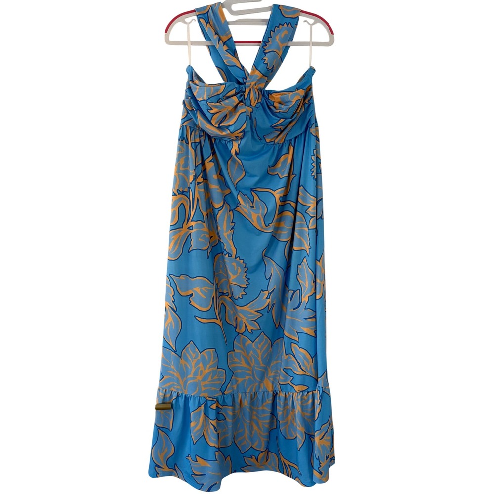 Grace Karin Blue Orange Floral Halter Maxi Dress Crossover Bust Ruffle Hem Large
